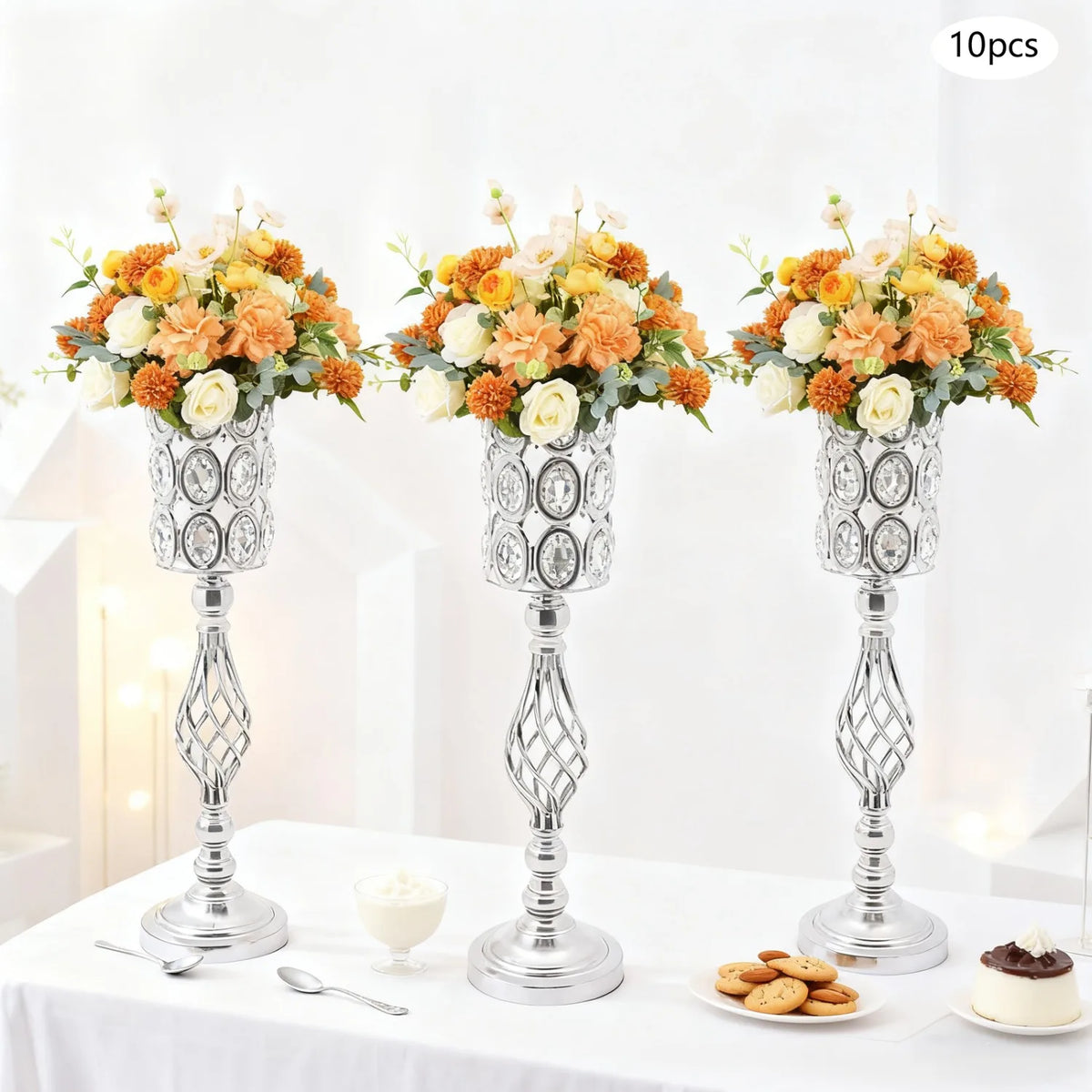 24" Silver Crystal Floral Centerpiece Stands – 10 Piece Set