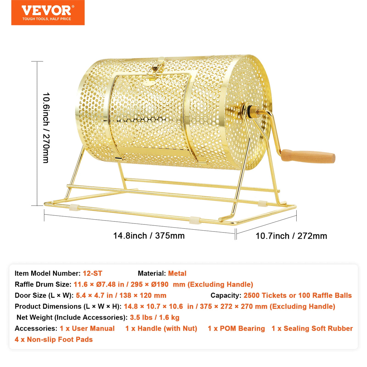 Large Raffle Drum – Brass-Plated Spinning Ticket Cage for Raffles, Fundraisers & Party Games