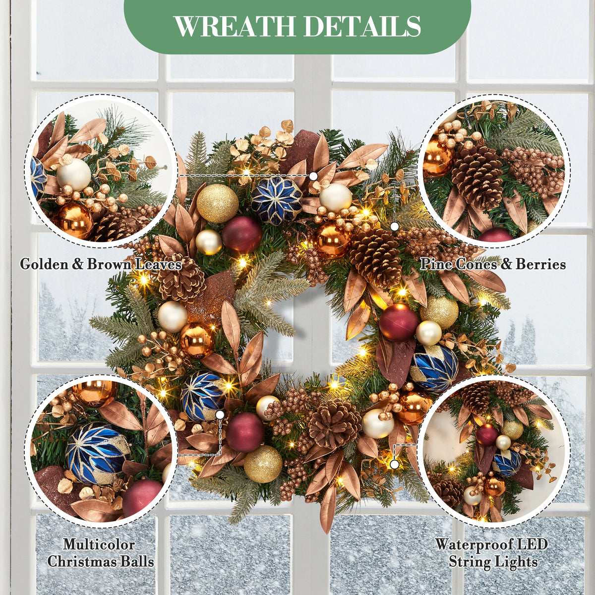 24 Inch Pre‑lit Christmas Wreath, Artificial Xmas Wreath with 20 Waterproof LED Lights, Pine Cones Berries Xmas Balls Golden Leaves, 8 Lighting Modes for Front Door Wall Window Holiday Decor