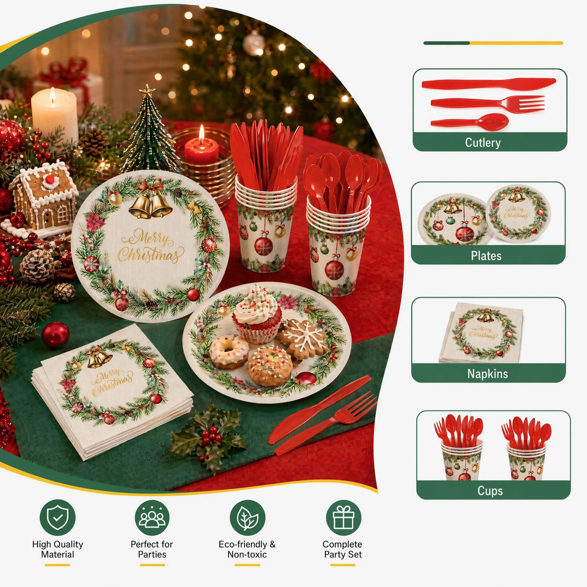 350-Piece Christmas Disposable Dinnerware Set – Serves 50