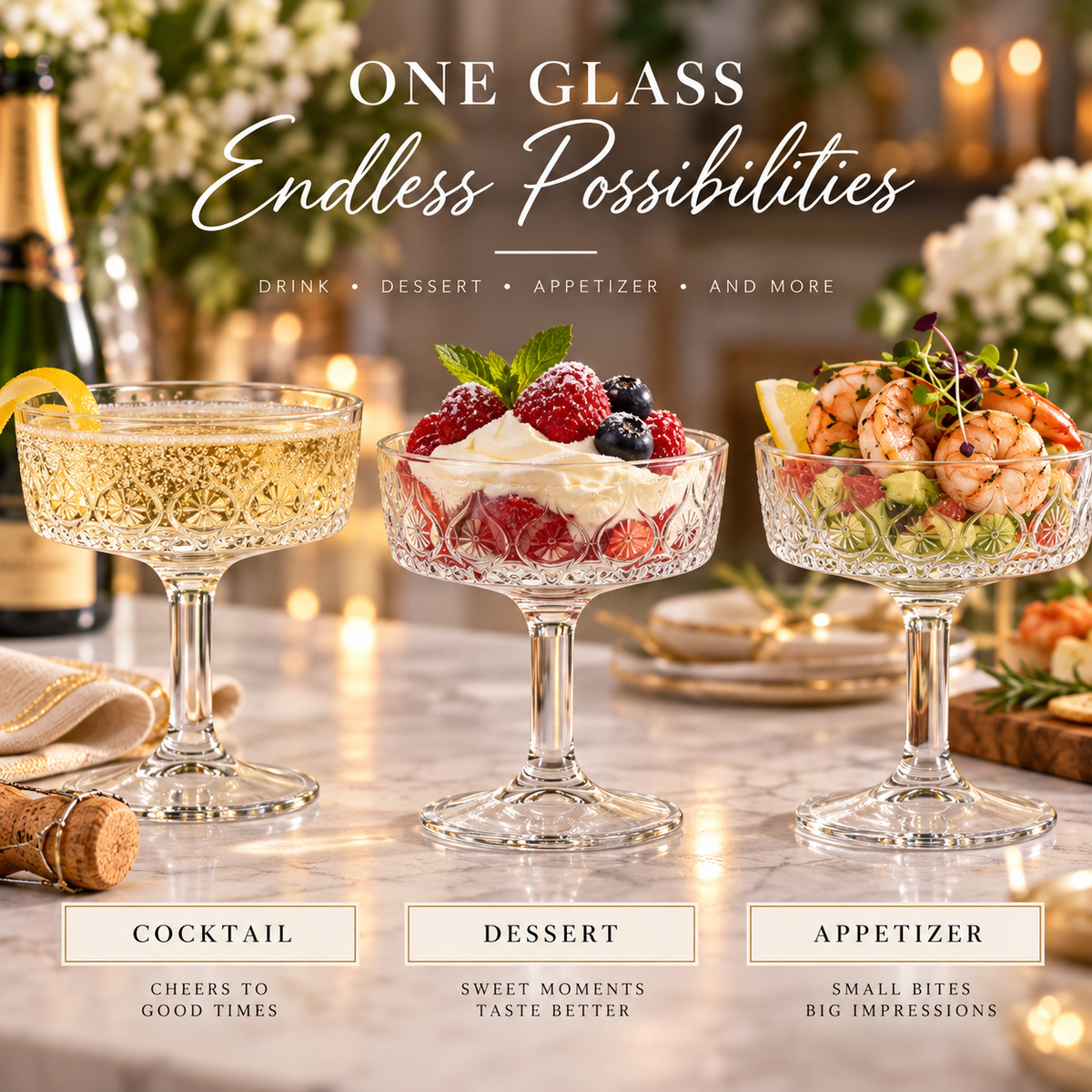 12-Piece Embossed Crystal Coupe Glass Set – 5.4 oz Vintage Cocktail & Dessert Glasses