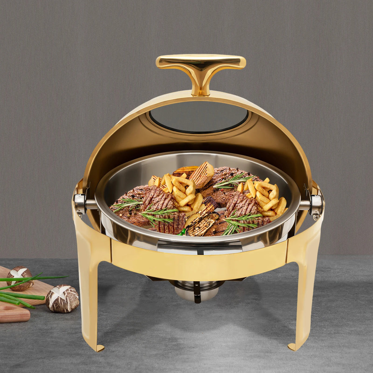Round Roll-Top Chafing Dish Buffet Warmer – 6.3 Qt, Gold