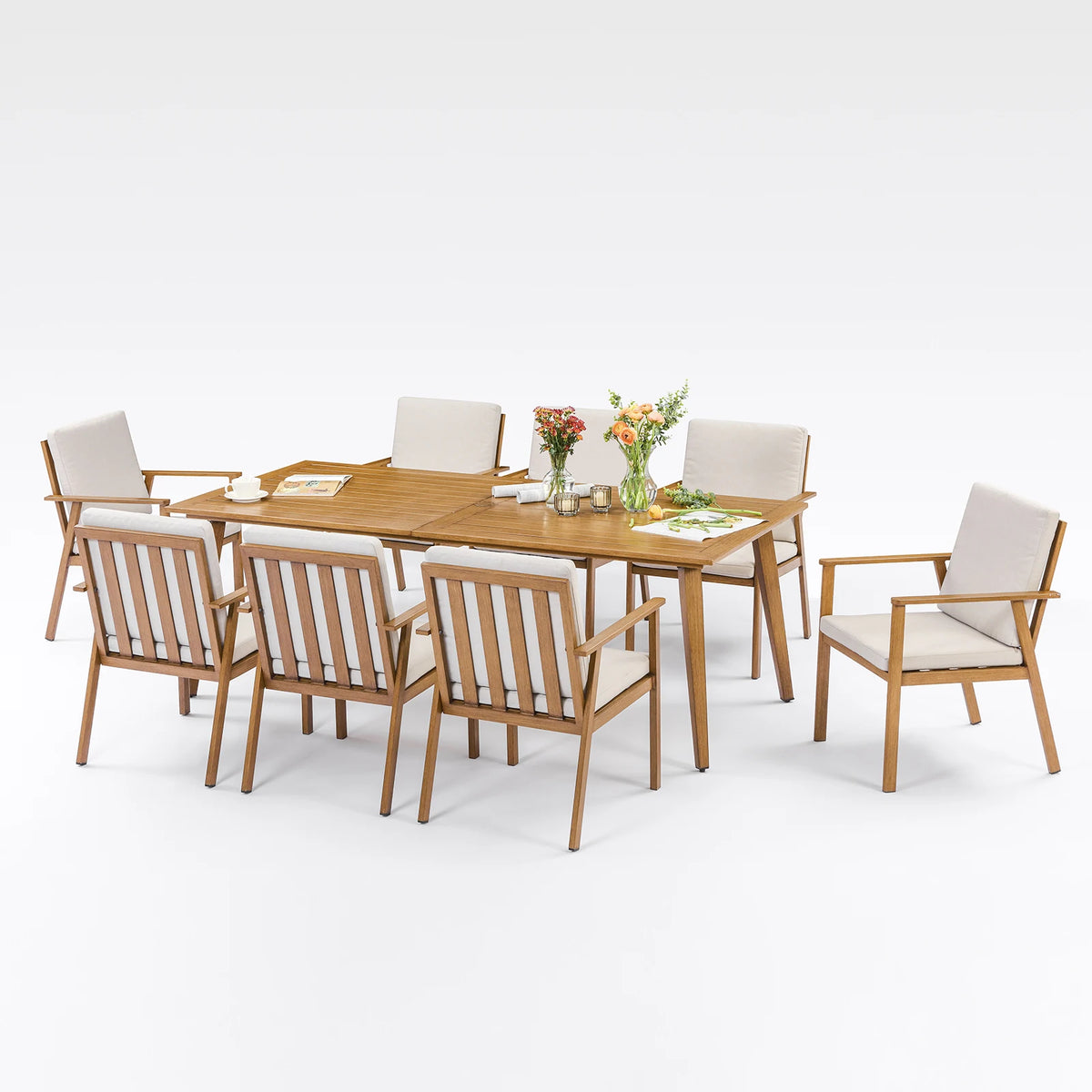 9-Piece Outdoor Aluminum Dining Set for 8 – 84.6" Patio Table with Umbrella Hole & Cushioned Chairs, Teak Finish