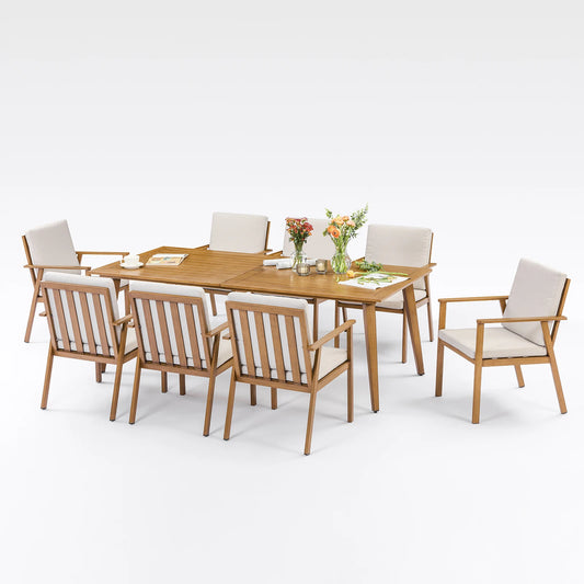 9-Piece Outdoor Aluminum Dining Set for 8 – 84.6" Patio Table with Umbrella Hole & Cushioned Chairs, Teak Finish