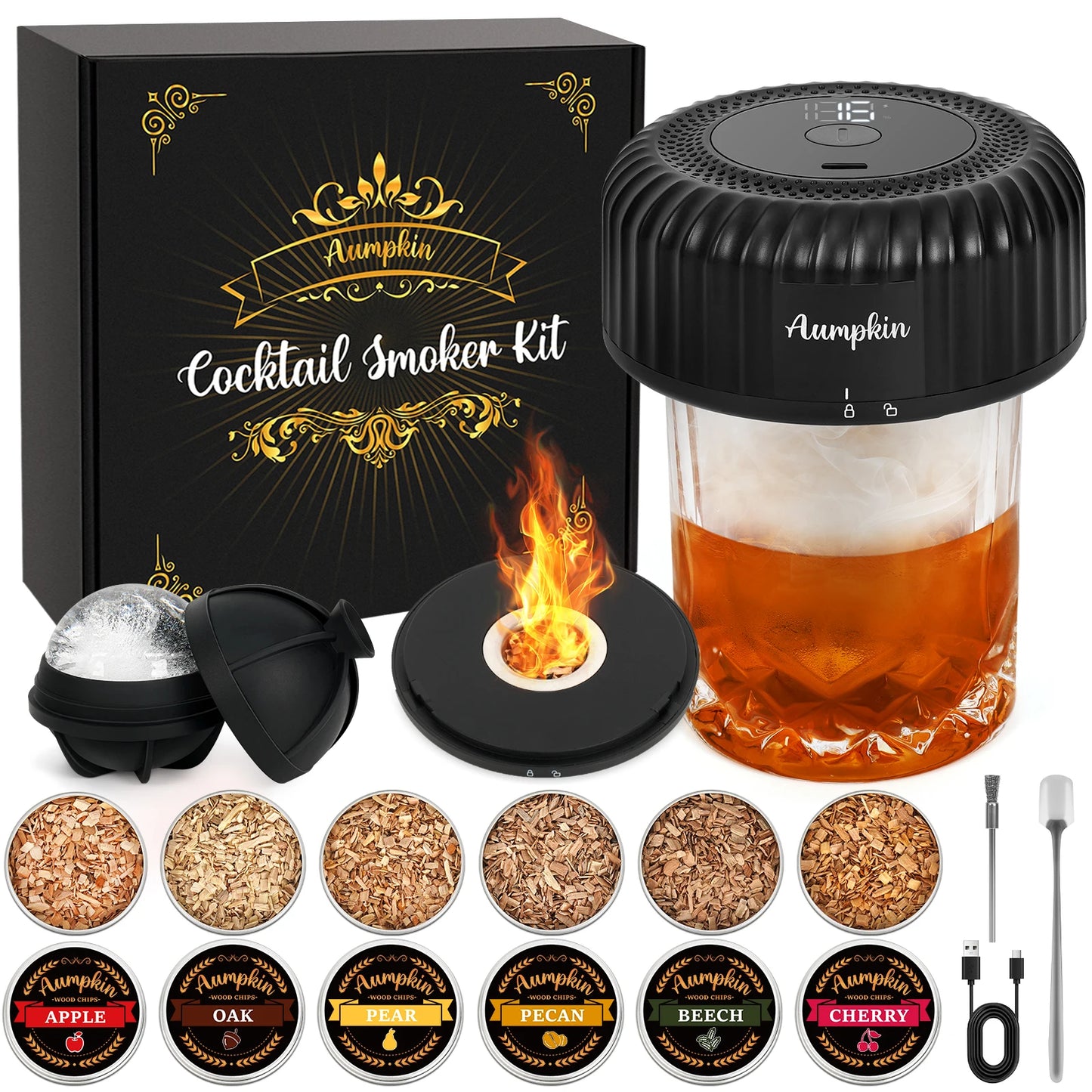 Digital Electric Cocktail Smoker Kit – Rechargeable Smoke Infuser with 6 Wood Chip Flavors & Ice Ball Mold