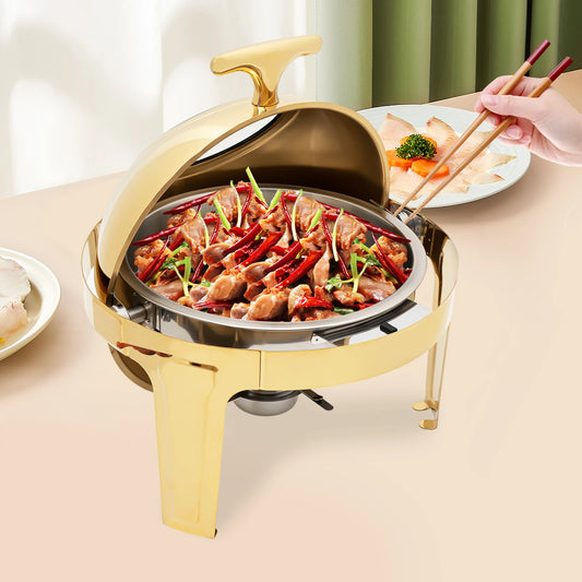 Round Roll-Top Chafing Dish Buffet Warmer – 6.3 Qt, Gold