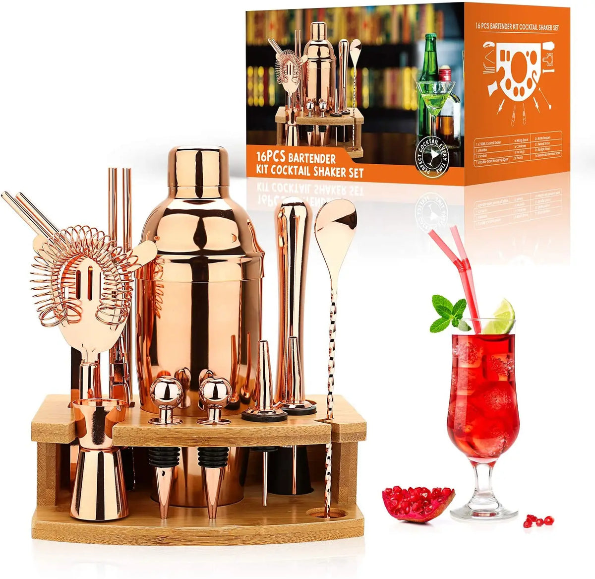16-Piece Stainless Steel Cocktail Shaker Set with Bamboo Stand