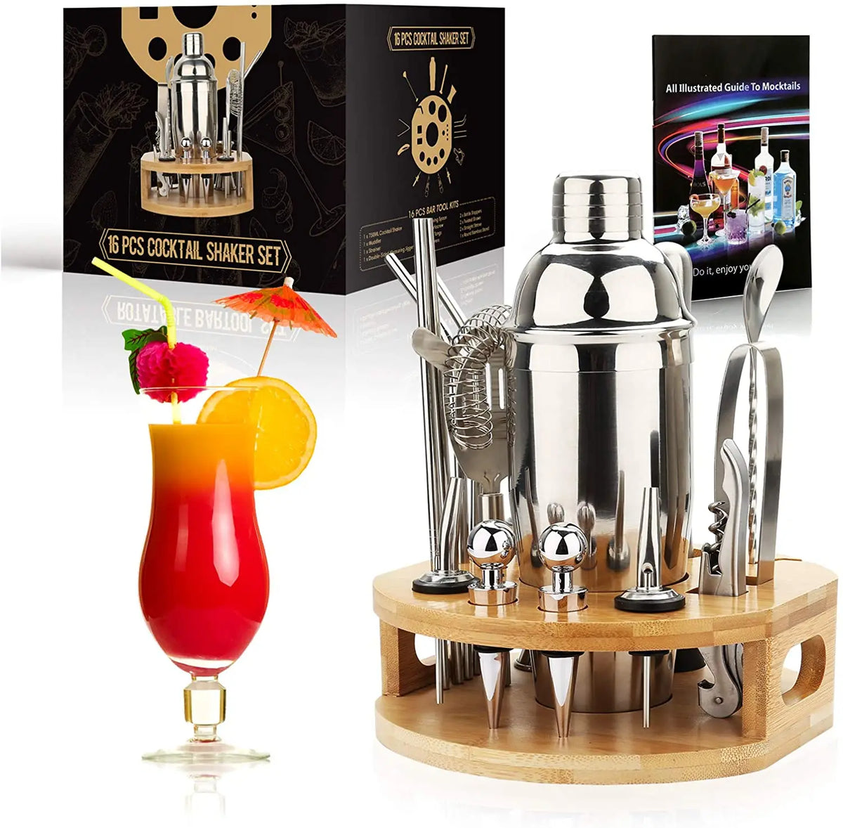 16-Piece Stainless Steel Cocktail Shaker Set with Bamboo Stand