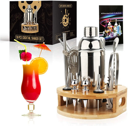 16-Piece Stainless Steel Cocktail Shaker Set with Bamboo Stand