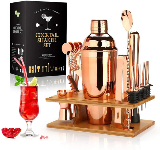 16-Piece Stainless Steel Cocktail Shaker Set with Bamboo Stand