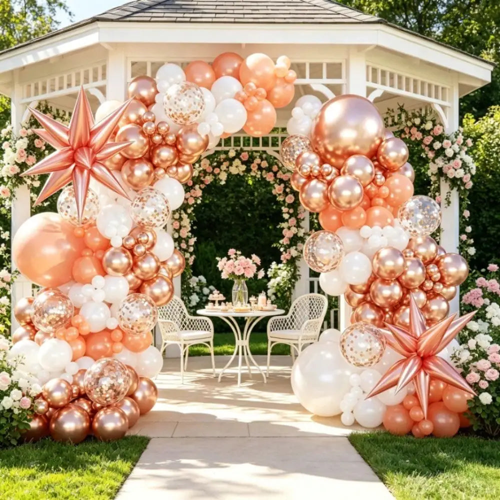 99-Piece Rose Gold, Orange & White Balloon Garland Arch Kit with Star Balloon & Pump
