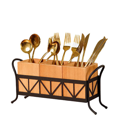 3-Compartment Bamboo Utensil Holder with Black Metal Rack