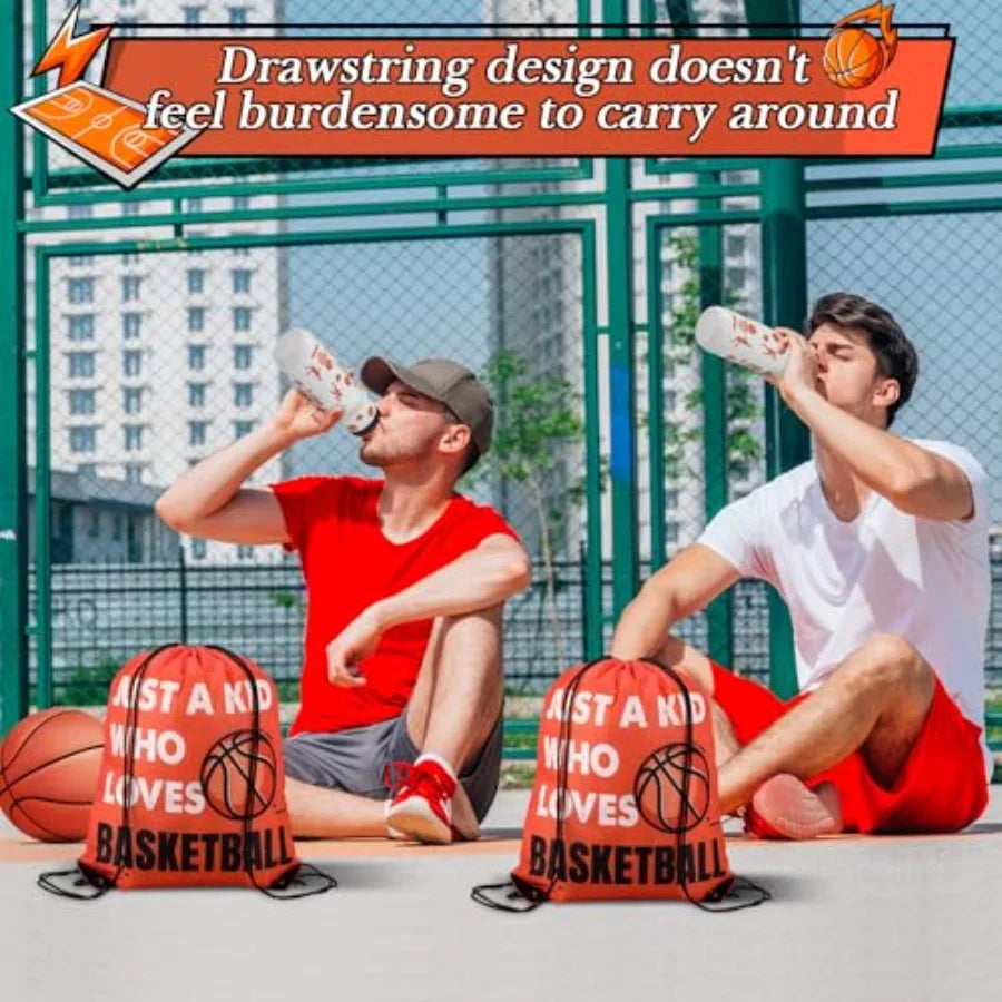 Basketball Party Favor Set – 12 Sports Water Bottles & 12 Drawstring Goodie Bags