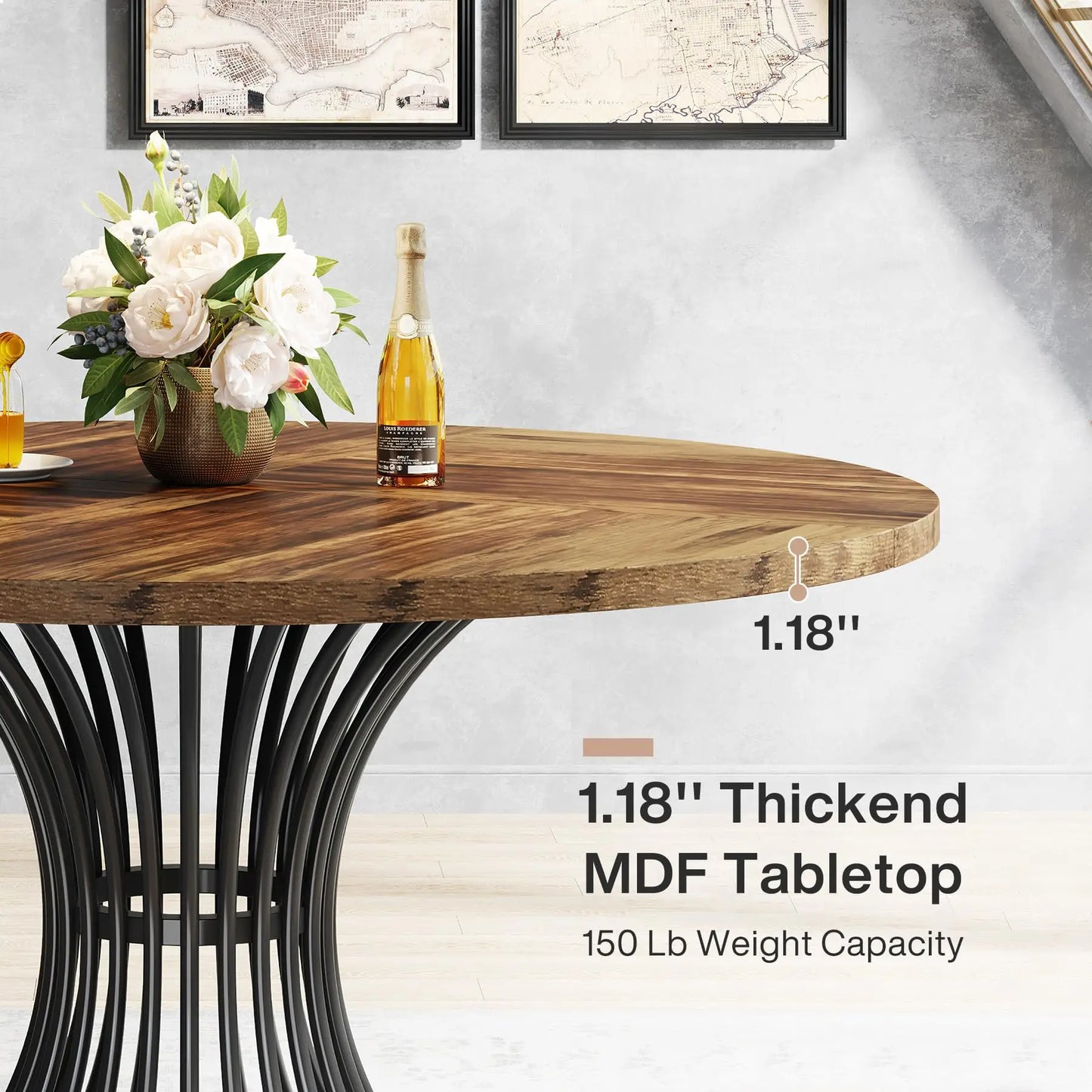 Tribesigns 47" Round Dining Table for 4–6 – Farmhouse Wood Table with Sculptural Metal Base