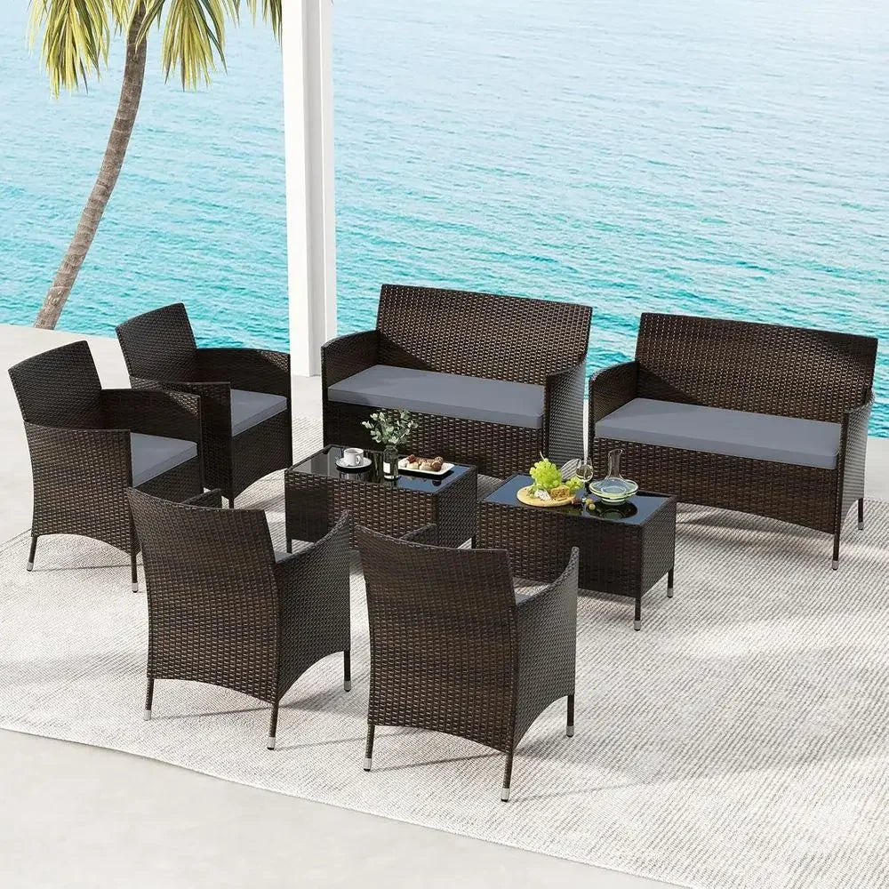 8-Piece Outdoor Wicker Patio Conversation Set – PE Rattan Seating with Thick Cushions & Tempered Glass Coffee Table, Gray