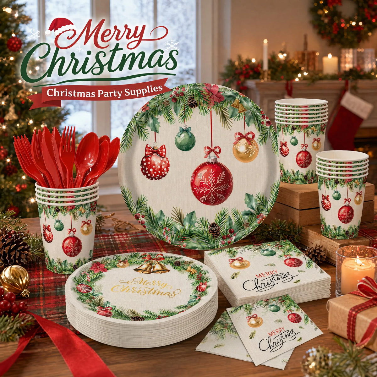 350-Piece Christmas Disposable Dinnerware Set – Serves 50