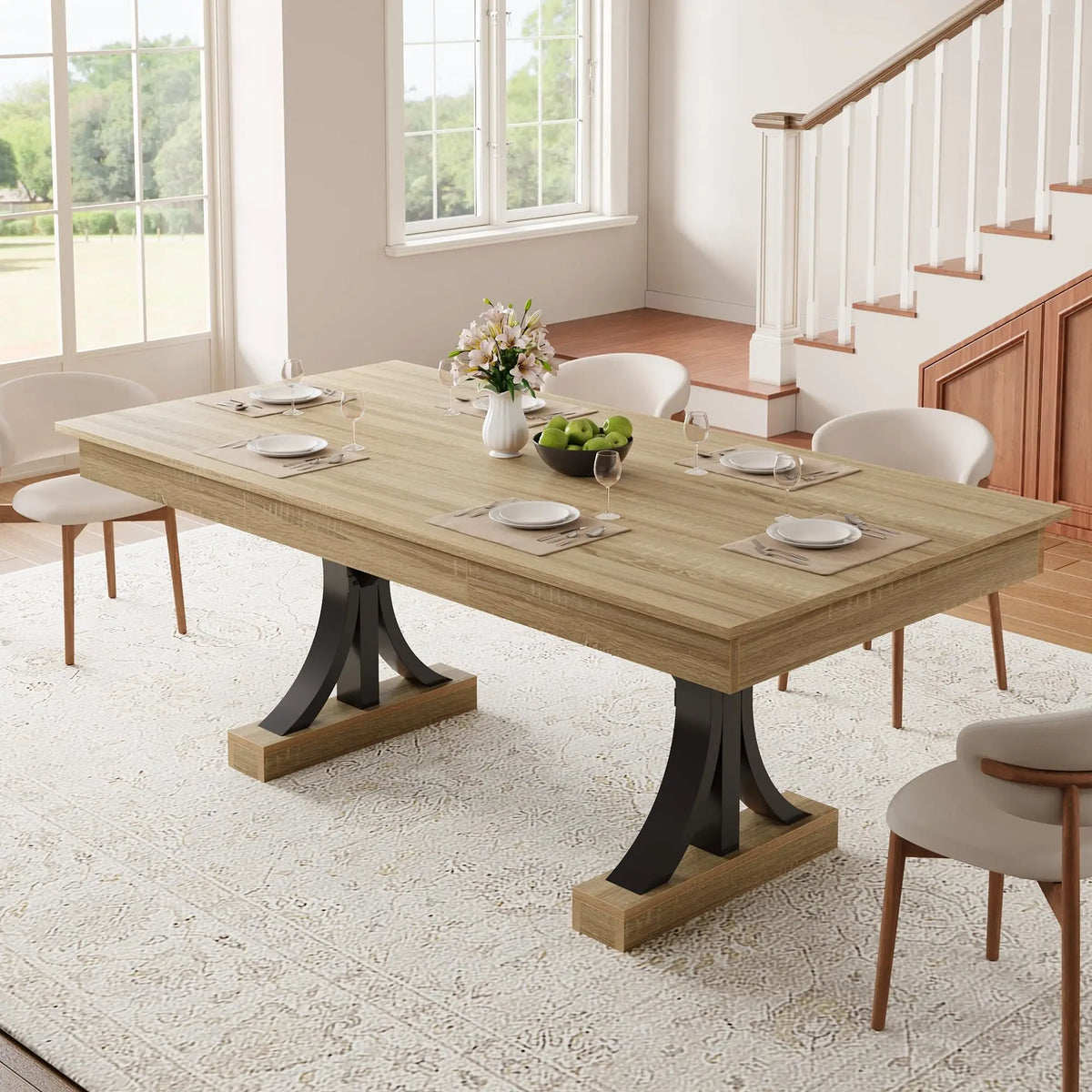 71" Industrial Dining Table for 6–8 – Rectangular Wood-Look Table with 2 Storage Drawers & Double Pedestal Base
