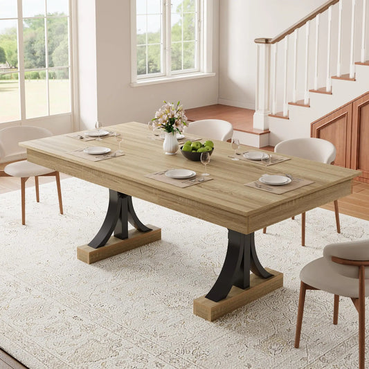 71" Industrial Dining Table for 6–8 – Rectangular Wood-Look Table with 2 Storage Drawers & Double Pedestal Base