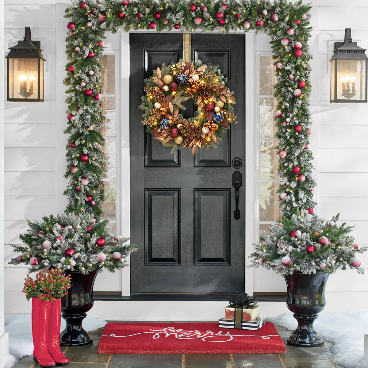24 Inch Pre‑lit Christmas Wreath, Artificial Xmas Wreath with 20 Waterproof LED Lights, Pine Cones Berries Xmas Balls Golden Leaves, 8 Lighting Modes for Front Door Wall Window Holiday Decor