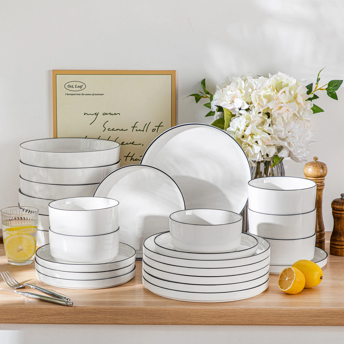 MALACASA Black Rim Porcelain Dinnerware Set – 12, 16, 18 or 24 Piece