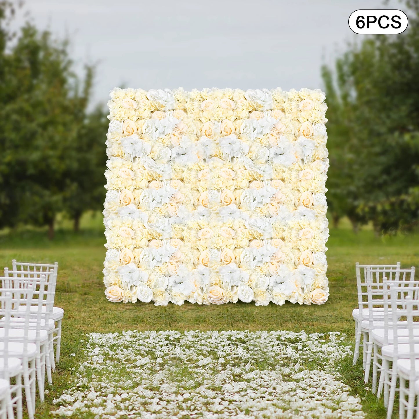 6-Piece Artificial Flower Wall Panel Set – Pale Yellow & White Hydrangea Rose Floral Backdrop