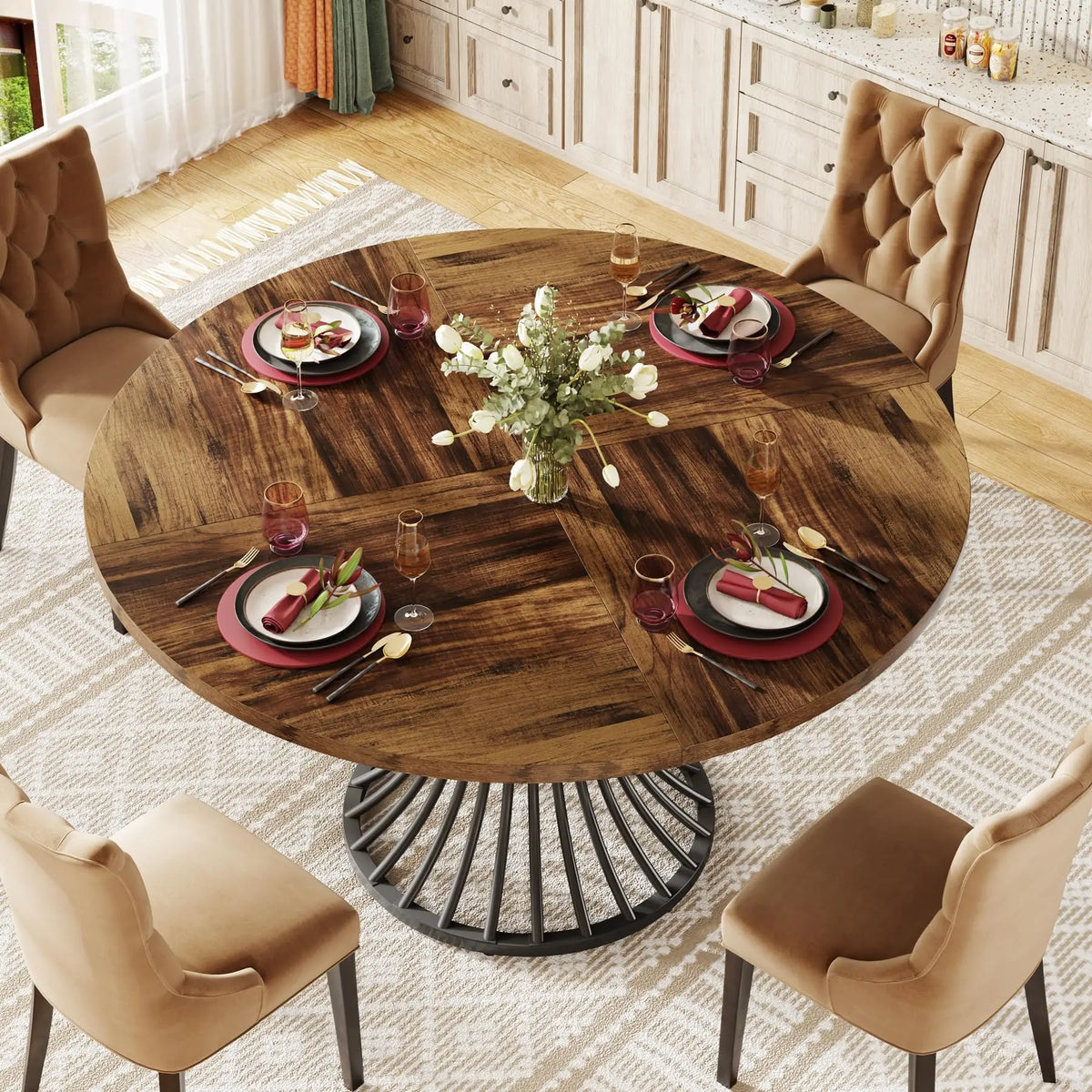 Tribesigns 47" Round Dining Table for 4–6 – Farmhouse Wood Table with Sculptural Metal Base