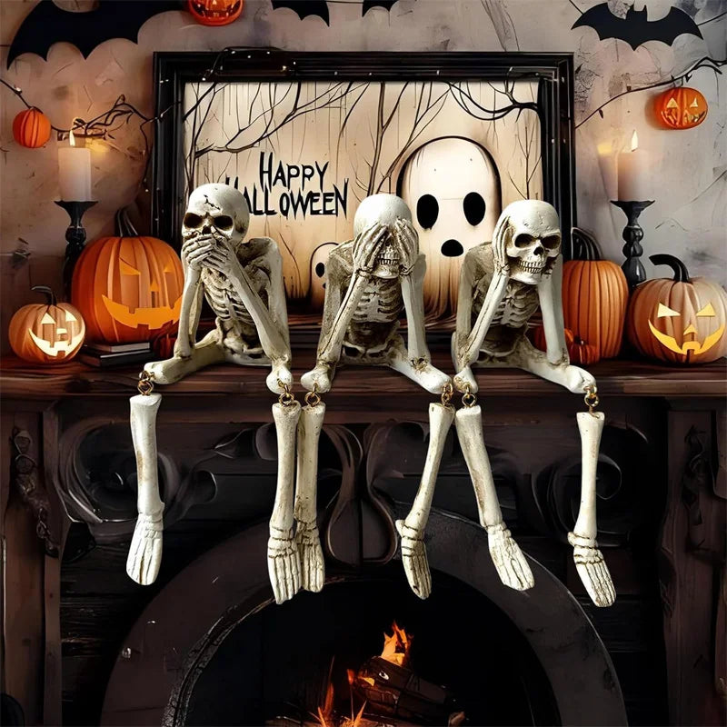 3-Piece Hear No See No Speak No Evil Skeleton Figurine Set – Gothic Halloween Tabletop Décor