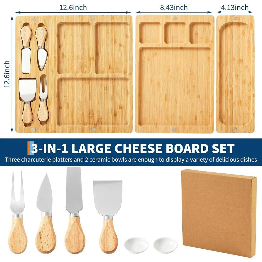 3-Piece Magnetic Bamboo Charcuterie Board Set – 25.2" Modular Cheese Board with 4 Knives & 2 Bowls