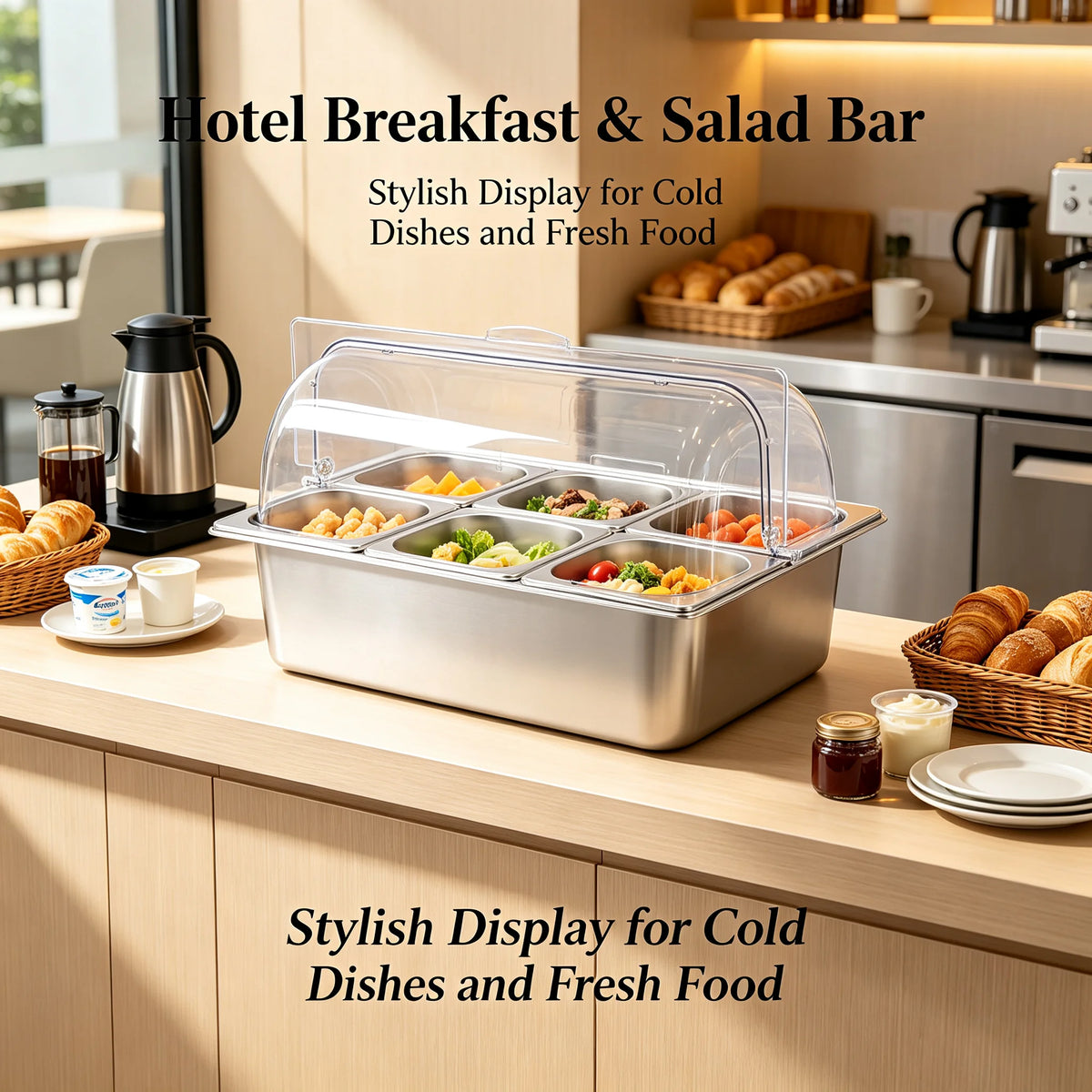 6-Pan Hot & Cold Buffet Serving Station with Roll-Top Cover