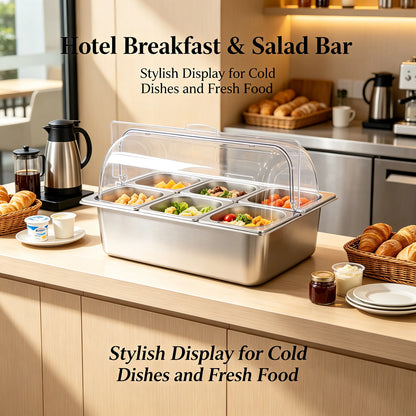 6-Pan Hot & Cold Buffet Serving Station with Roll-Top Cover