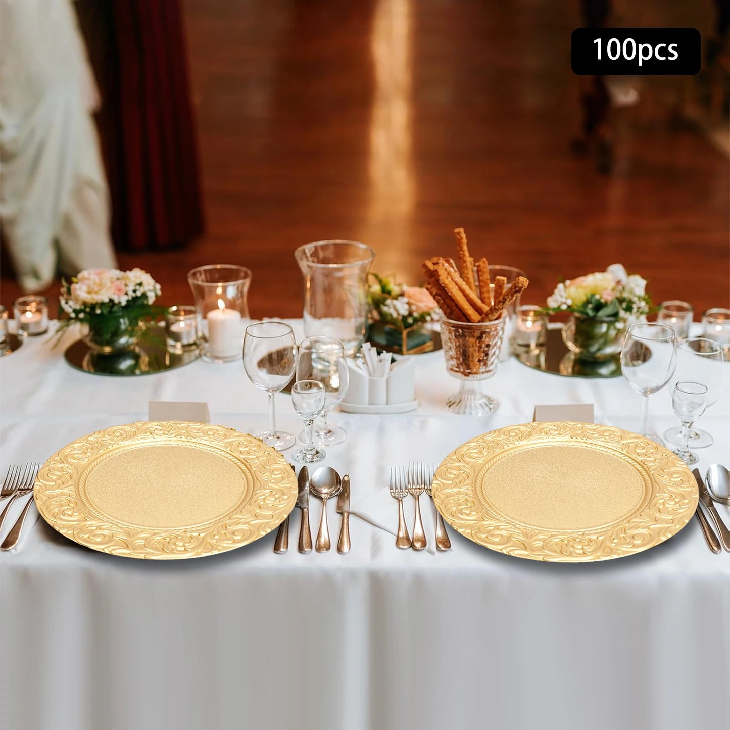 Gold Embossed Round Charger Plates – 13", 100 Piece Set