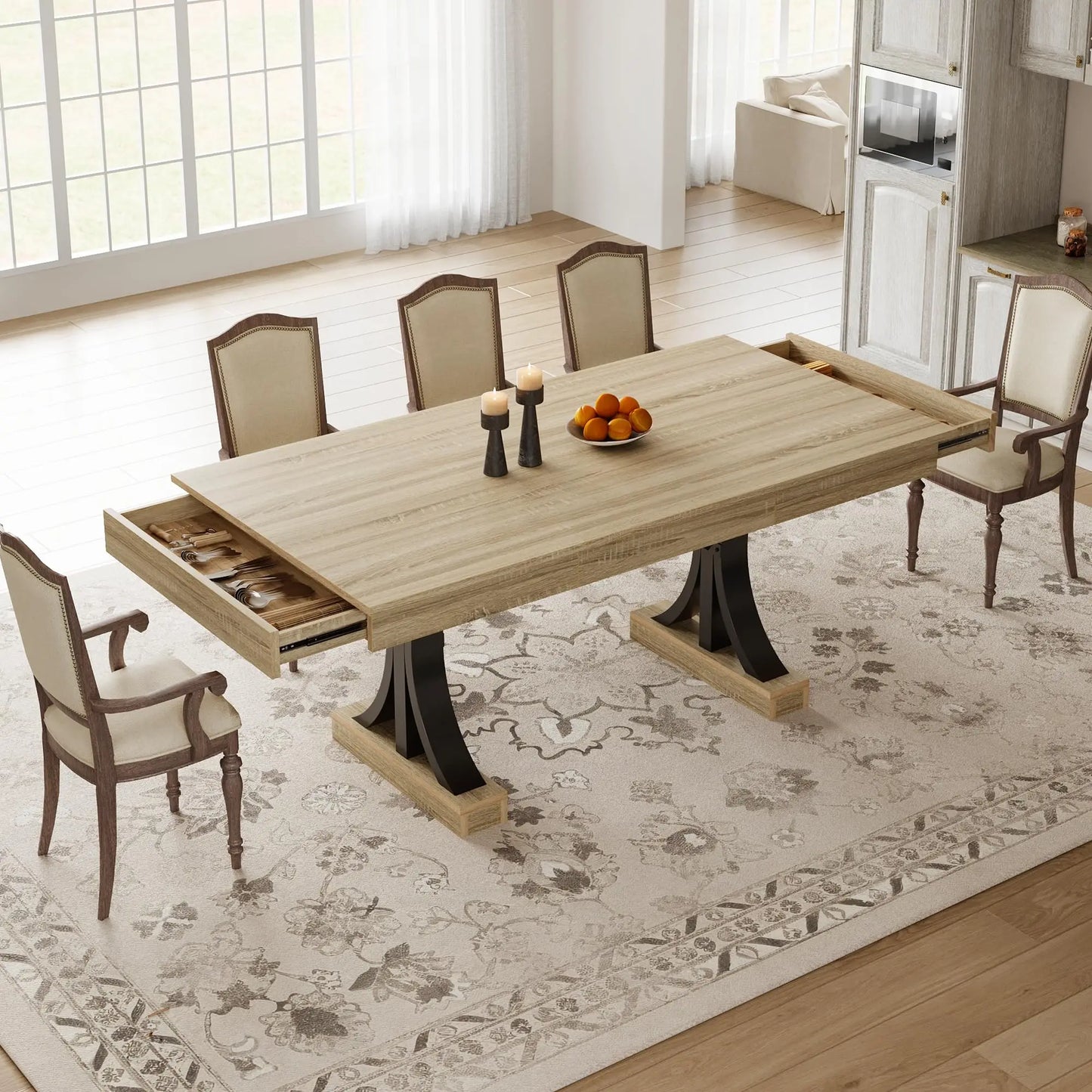 71" Industrial Dining Table for 6–8 – Rectangular Wood-Look Table with 2 Storage Drawers & Double Pedestal Base