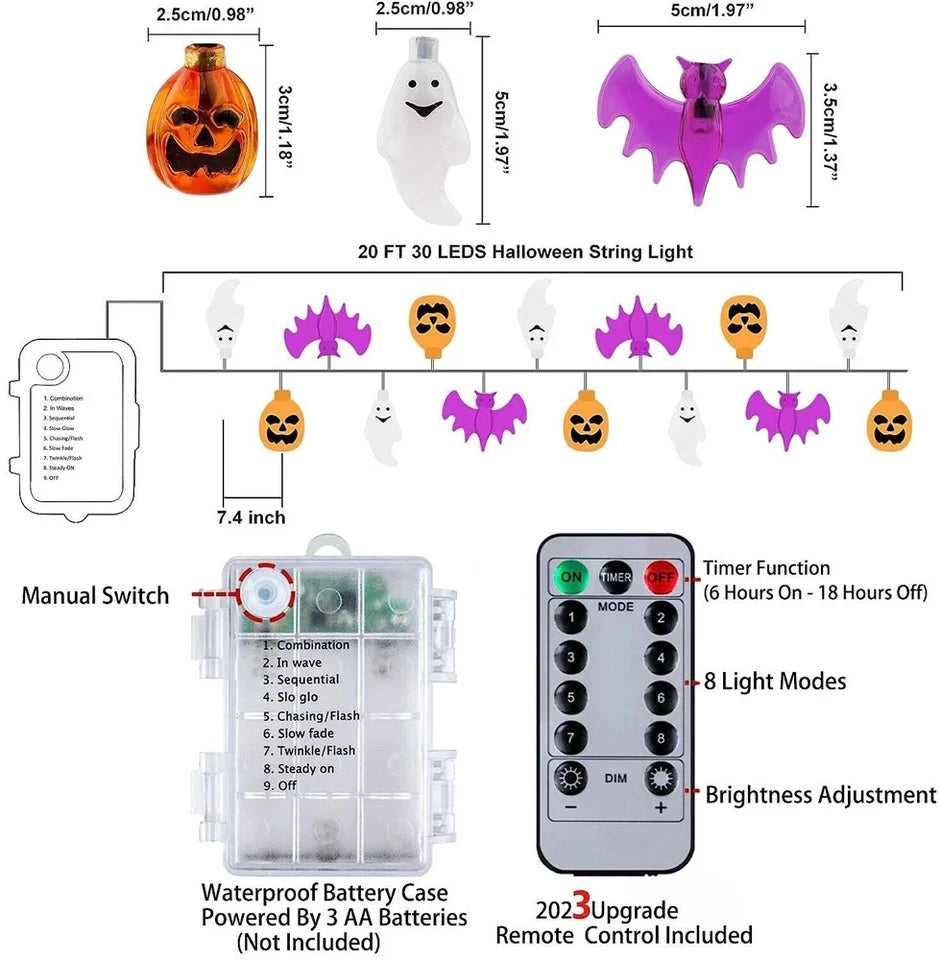 20-Ft Halloween Pumpkin, Bat & Ghost String Lights – 30 LED Battery-Operated Lights with Remote