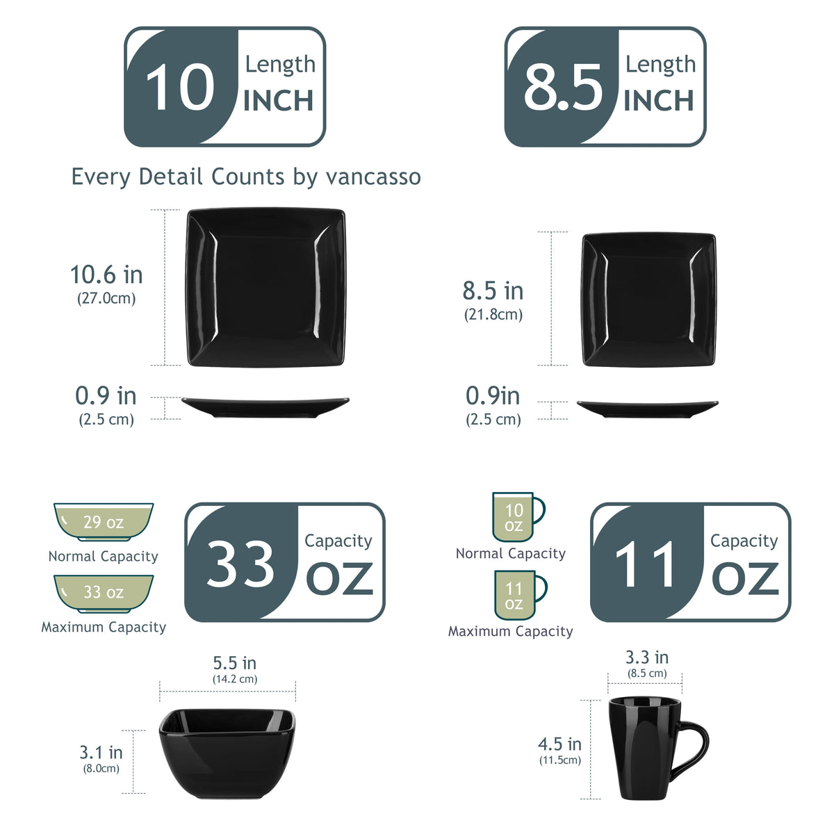 Vancasso SOHO Black Square Porcelain Dinnerware Set – 16, 32 or 48 Piece