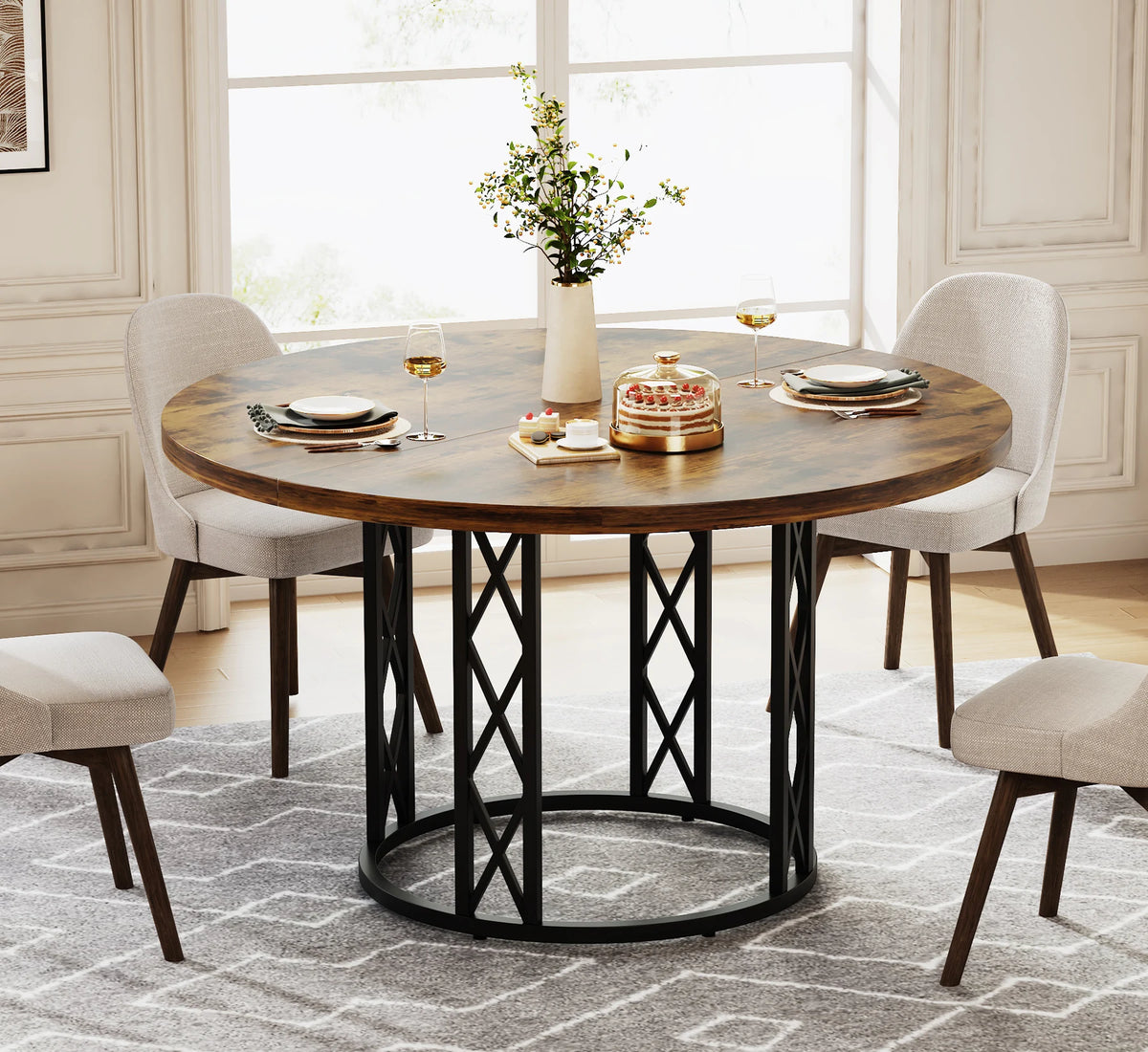 Tribesigns 47" Round Dining Table for 4–6 – Farmhouse Wood Table with Sculptural Metal Base