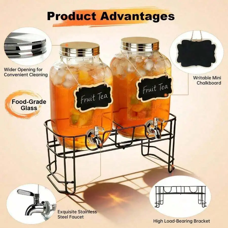 2-Pack 1-Gallon Glass Beverage Dispensers with Stands & Stainless Steel Spigots