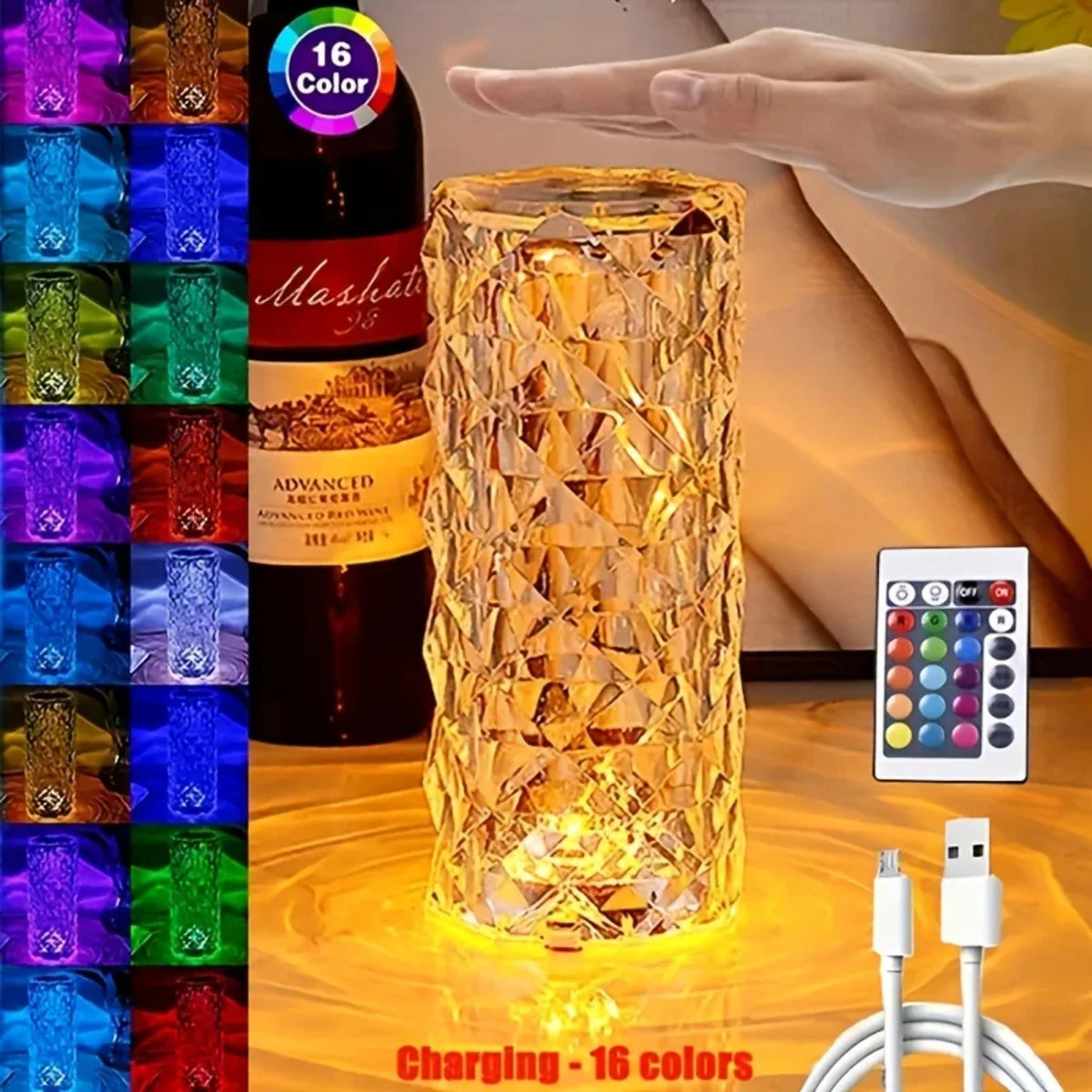 16-Color RGB Crystal Table Lamp – Rechargeable LED Ambient Party Light