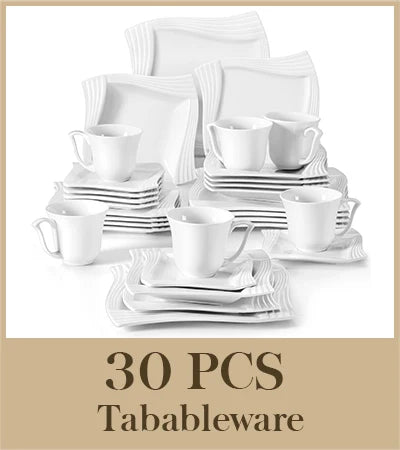 MALACASA AMPARO Ridged Ivory White Porcelain Dinnerware Set – 30 or 60 Piece, Service for 6 or 12