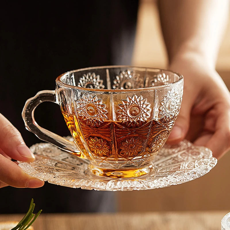 Retro Embossed Glass Coffee Cup & Saucer Set - 200ml