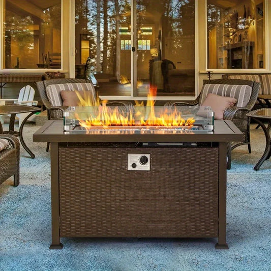 44" Outdoor Propane Fire Pit Table – 50,000 BTU with Glass Wind Guard & Brown Rattan