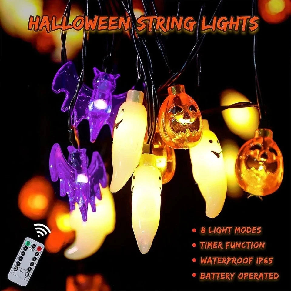 20-Ft Halloween Pumpkin, Bat & Ghost String Lights – 30 LED Battery-Operated Lights with Remote