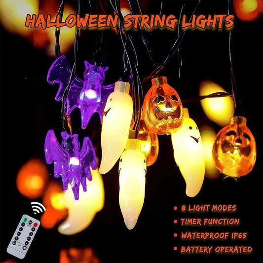 20-Ft Halloween Pumpkin, Bat & Ghost String Lights – 30 LED Battery-Operated Lights with Remote