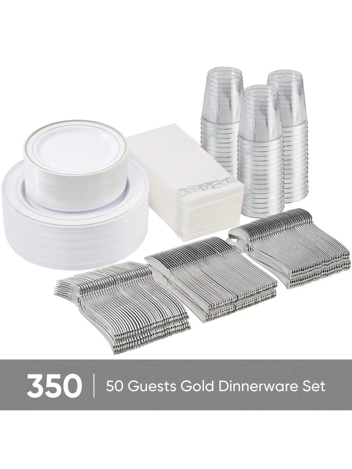 350-Piece Elegant Disposable Dinnerware, Cutlery, Cup & Napkin Set for 50 Guests – Gold or Silver Rim