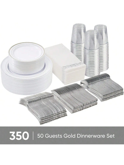 350-Piece Elegant Disposable Dinnerware, Cutlery, Cup & Napkin Set for 50 Guests – Gold or Silver Rim