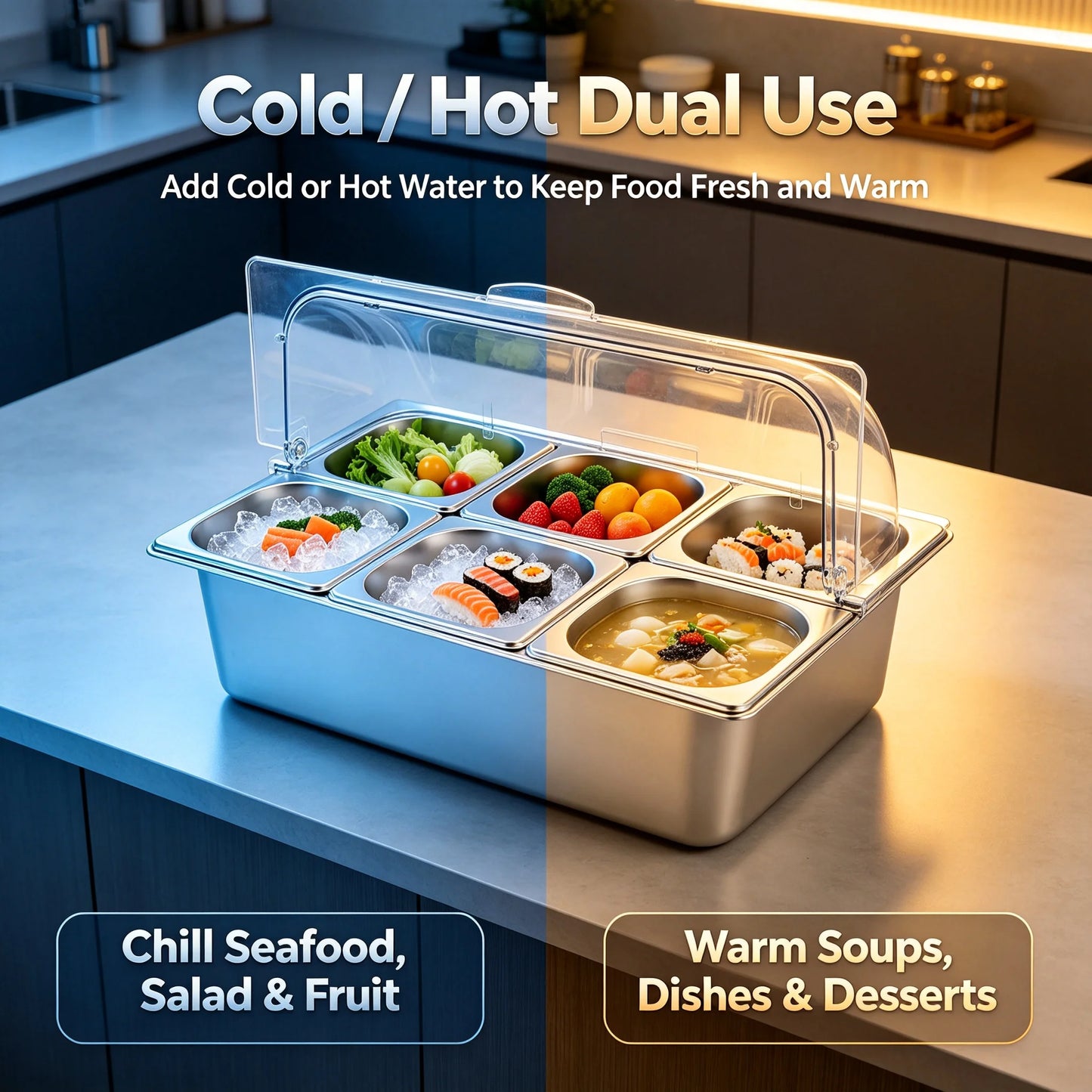 6-Pan Hot & Cold Buffet Serving Station with Roll-Top Cover