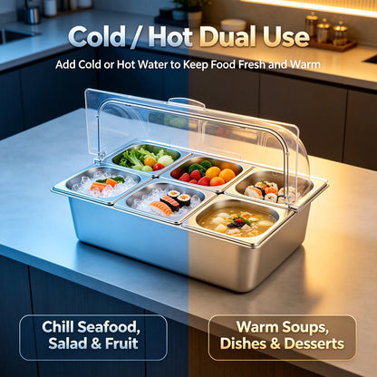 6-Pan Hot & Cold Buffet Serving Station with Roll-Top Cover