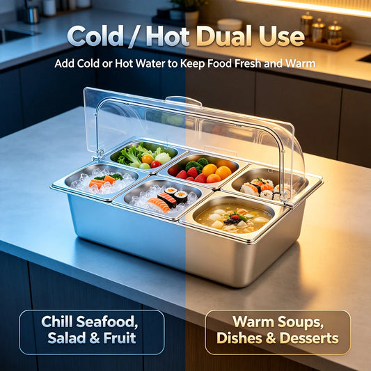 6-Pan Hot & Cold Buffet Serving Station with Roll-Top Cover