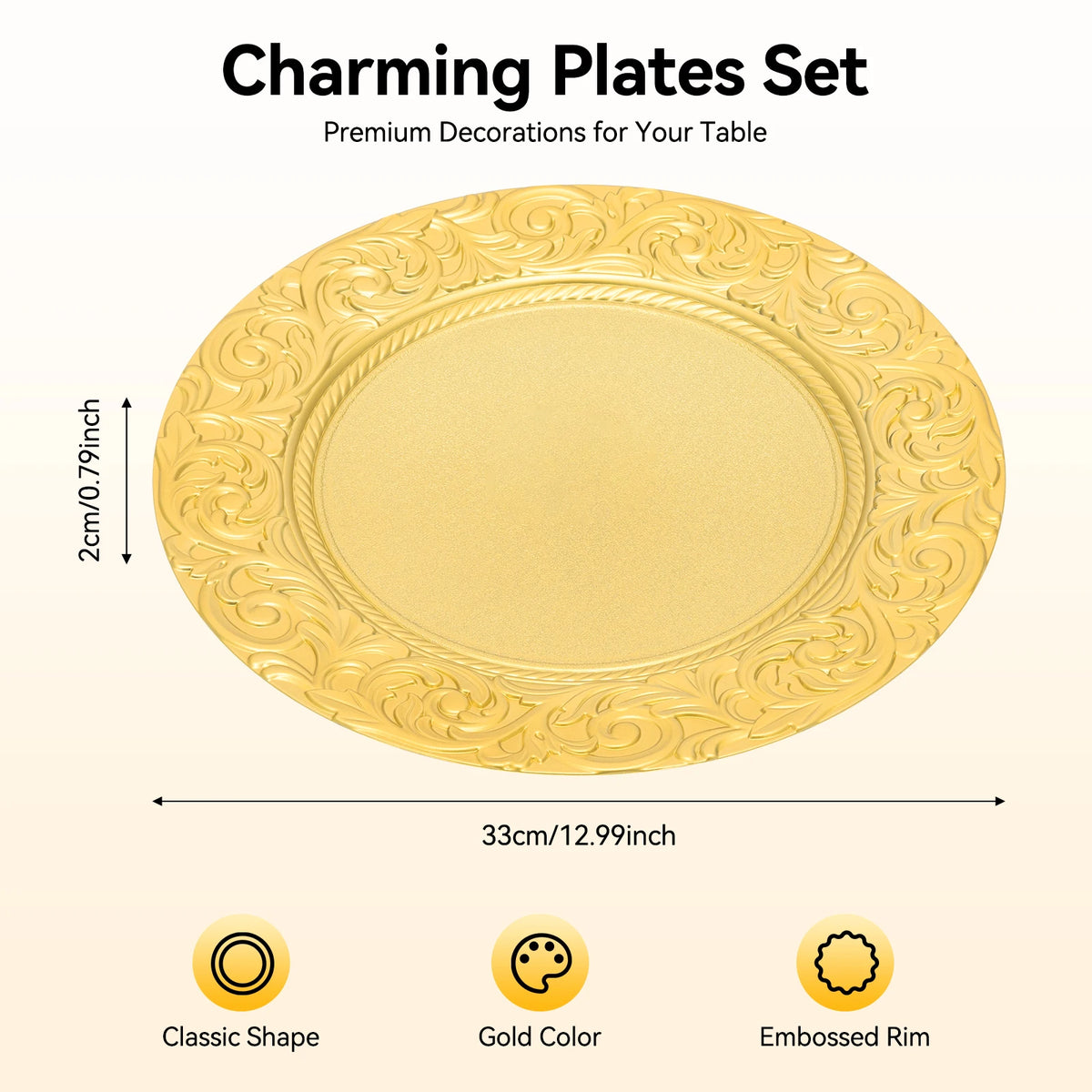 Gold Embossed Round Charger Plates – 13", 100 Piece Set