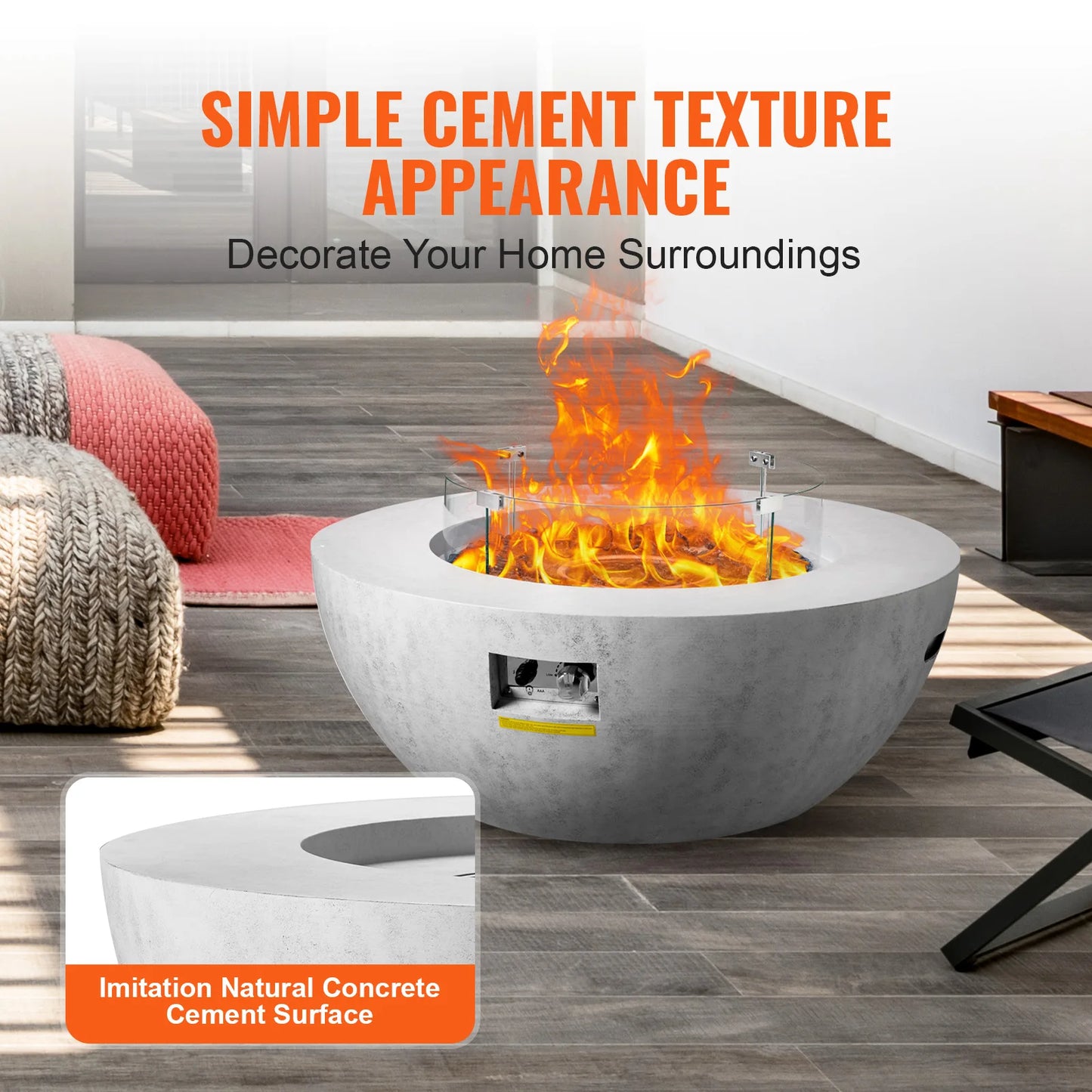 39" Concrete-Look Propane Fire Pit – 50,000 BTU with Wind Guard, Glass Stones & Cover
