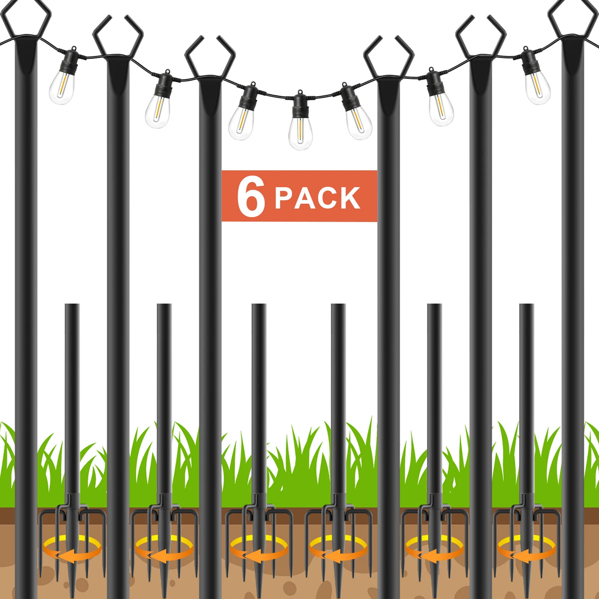 6-Pack 10FT Heavy-Duty Outdoor String Light Poles with Ground Forks